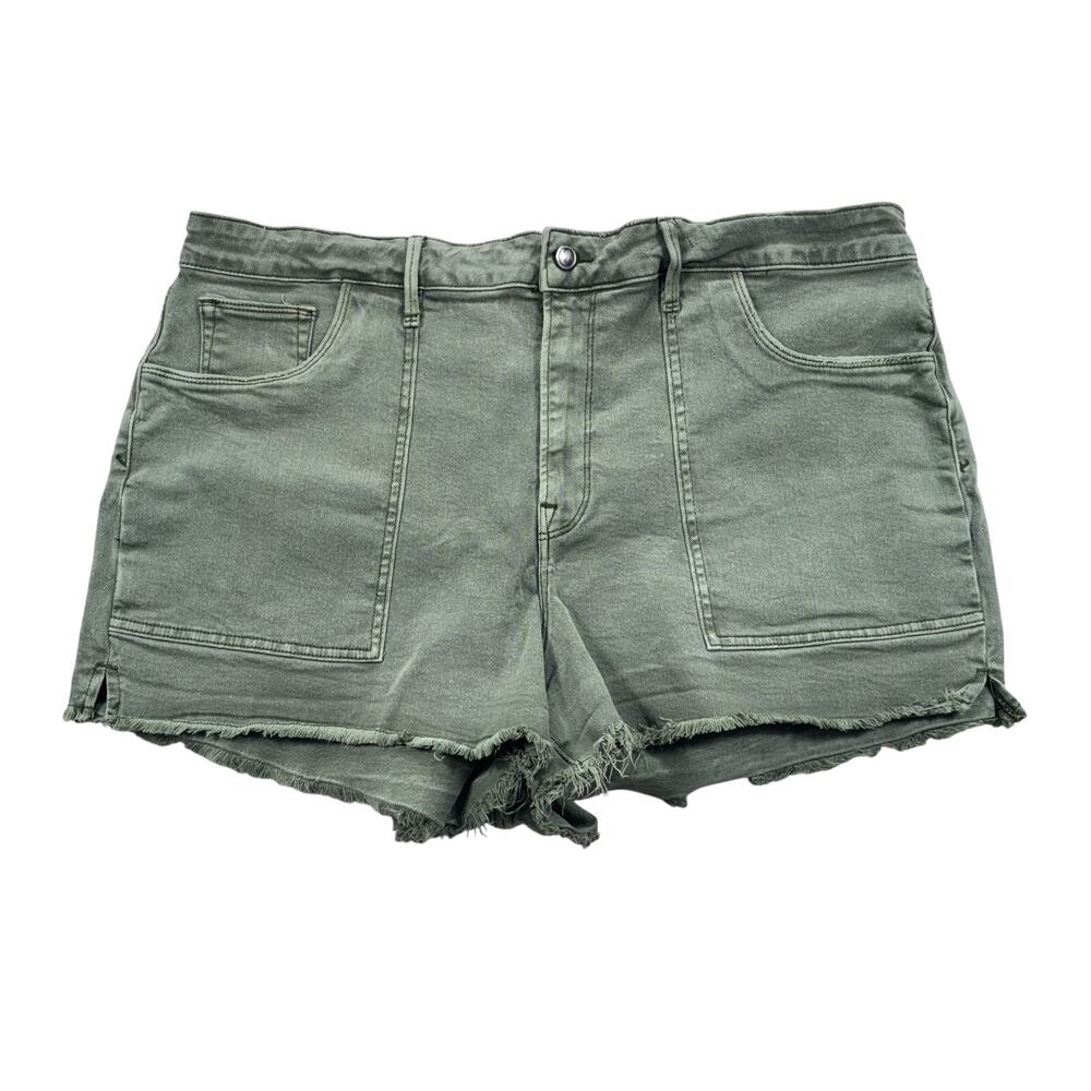 Good American Olive Green Cut-Off Utility Denim Shorts Size 20 High Rise Raw Hem